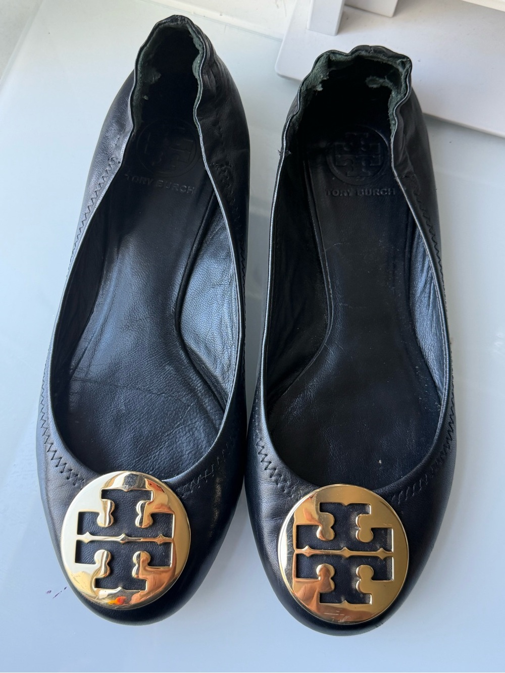 Tory Burch Black Leather Ballet Flats with Gold Logo Medallion